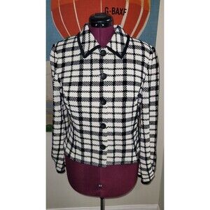 St. John Women’s Jacket Size 12 Black Cream Check Knit Button Front Trim Classic